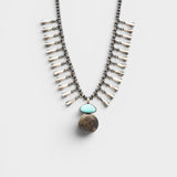 JONES + CO Navajo Squash Blossom Necklace with sterling silver, turquoise, and a 1921 US dollar coin.