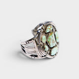 JONES + CO Navajo vintage sterling silver cuff bracelet with multiple green turquoise stones.