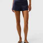 JONES + CO navy high-waisted linen shorts with a tailored silhouette and concealed back-zip closure