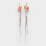 JONES + CO Nerium earrings featuring pink floral clusters and long, dangling silver crystal fringe chains.