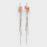 JONES + CO Nerium earrings featuring pink floral clusters and long, dangling silver crystal fringe chains.