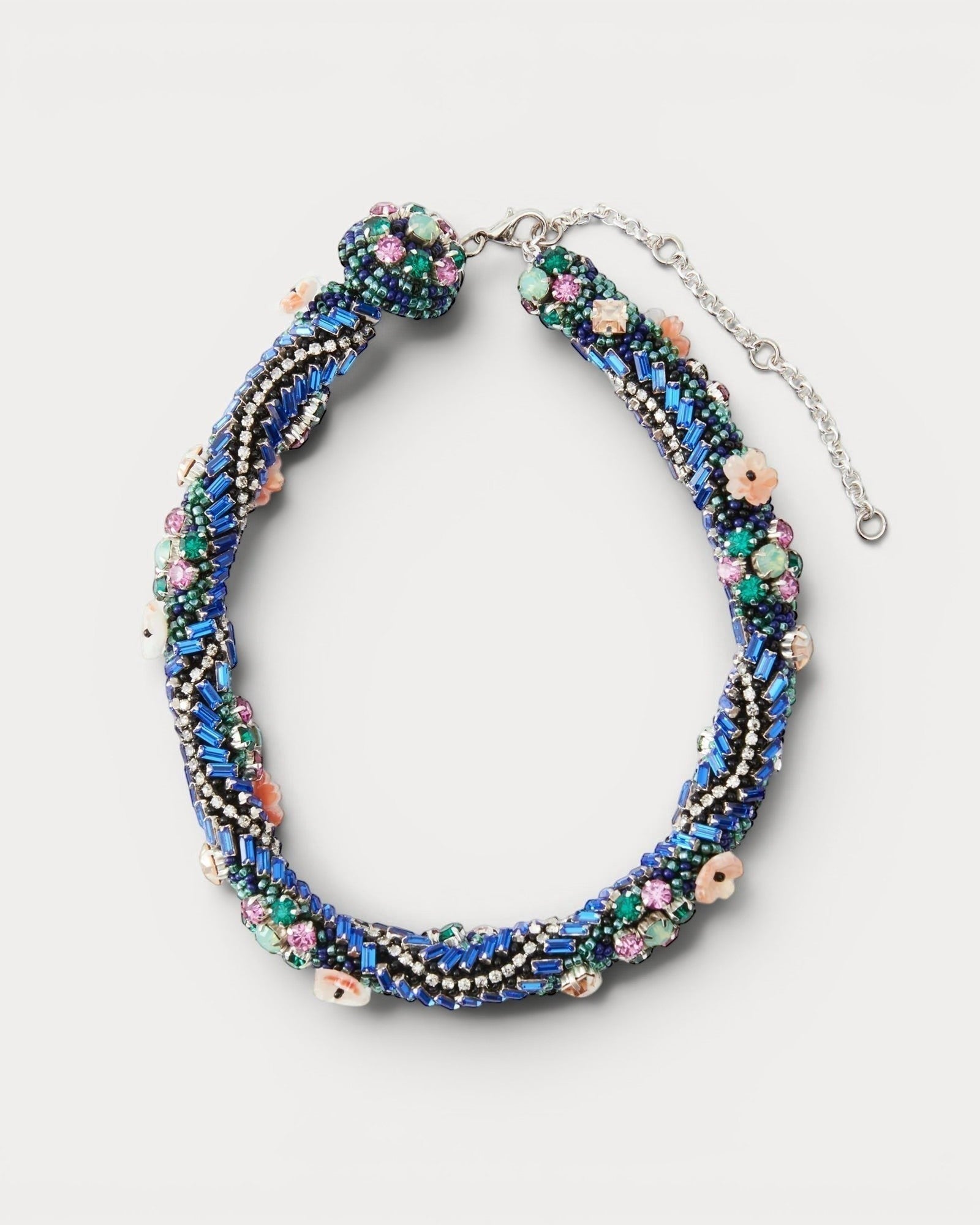 JONES + CO Nerium Necklace: tubular roll shape with blue, green, pink beads, rhinestones, and floral details. Adjustable chain.