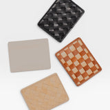 JONES + CO Nico card case in black woven leather, with beige and tan card holders.