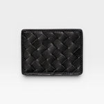 JONES + CO Nico Card Case in black woven leather. Slim design with two card slots and a bill pocket.