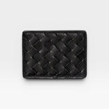 JONES + CO Nico Card Case in black woven leather. Slim design with two card slots and a bill pocket.