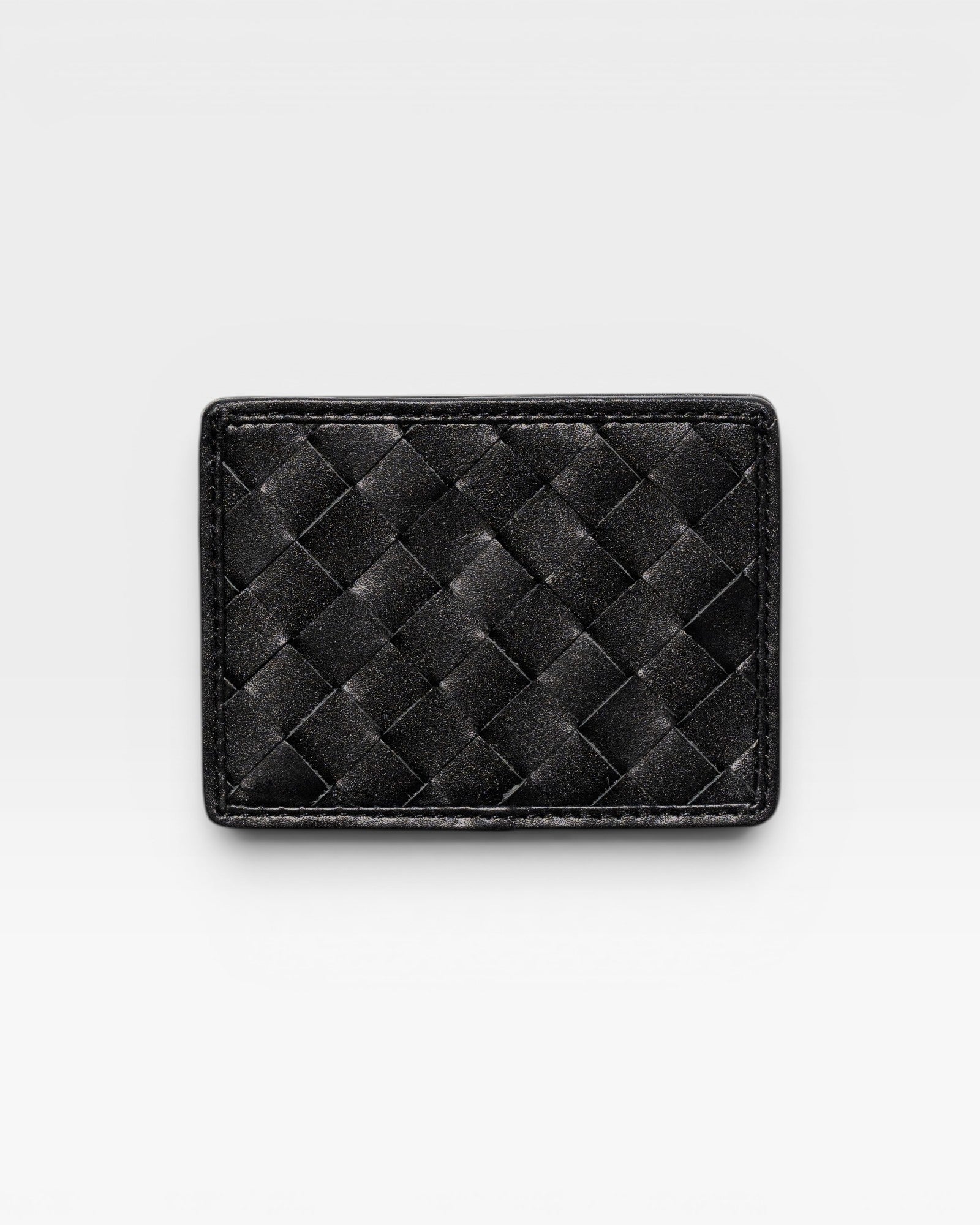 JONES + CO Nico Card Case in black woven leather. Slim design with two card slots and a bill pocket.