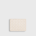 JONES + CO Nico card case in cream woven leather with two card slots and a bill pocket.