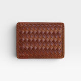 JONES + CO Nico Card Case in sienna handwoven leather with two card slots and a bill pocket.