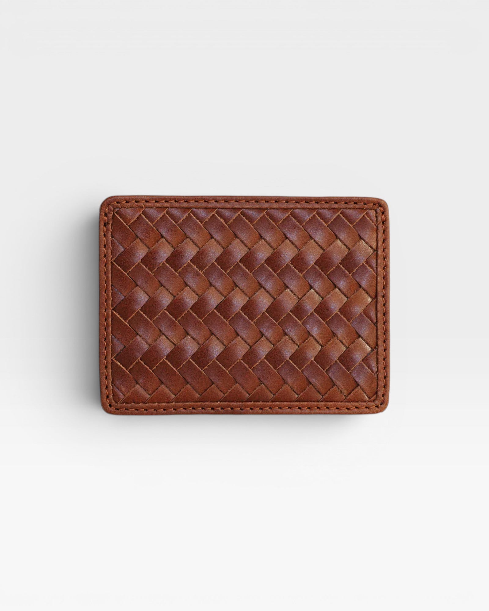 JONES + CO Nico Card Case in sienna handwoven leather with two card slots and a bill pocket.