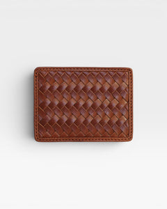 JONES + CO Nico Card Case in sienna handwoven leather with two card slots and a bill pocket.
