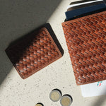 JONES + CO Nico Card Case in sienna handwoven leather with two card slots and a bill pocket. Minimalist design.