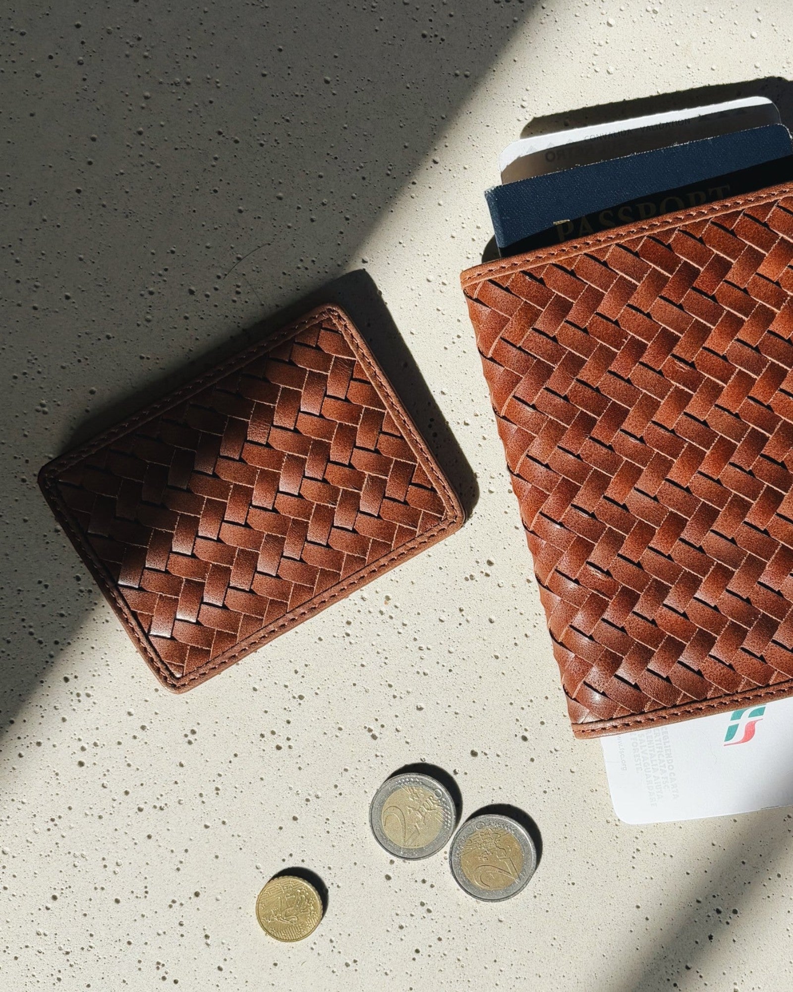 JONES + CO Nico Card Case in sienna handwoven leather with two card slots and a bill pocket. Minimalist design.