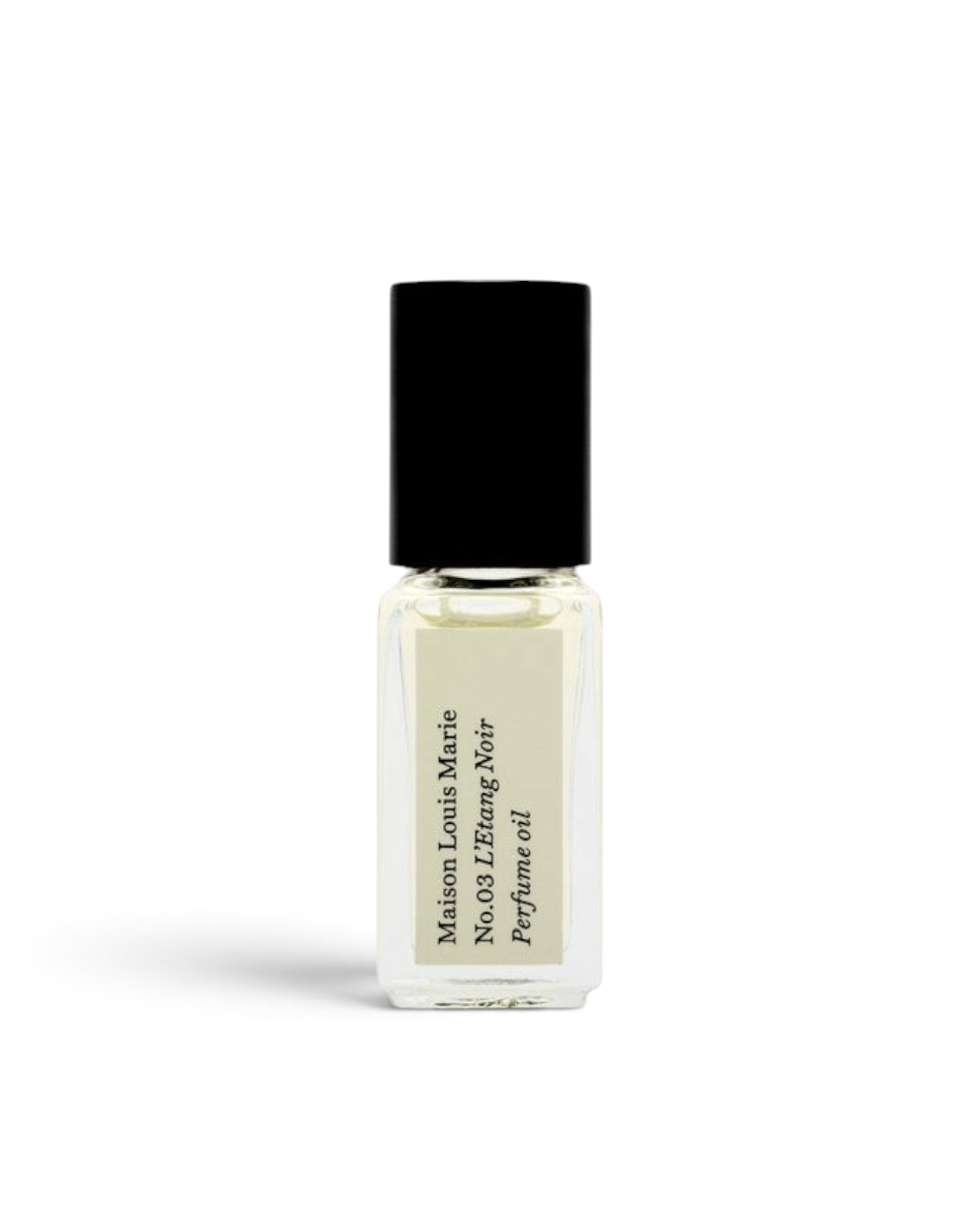 JONES + CO No.03 L'Etang Noir Perfume Oil travel size glass bottle with black cap and cream label.