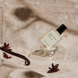 JONES + CO No.03 L'Etang Noir perfume oil in a clear glass bottle with a black cap, accented by vanilla beans and star anise.