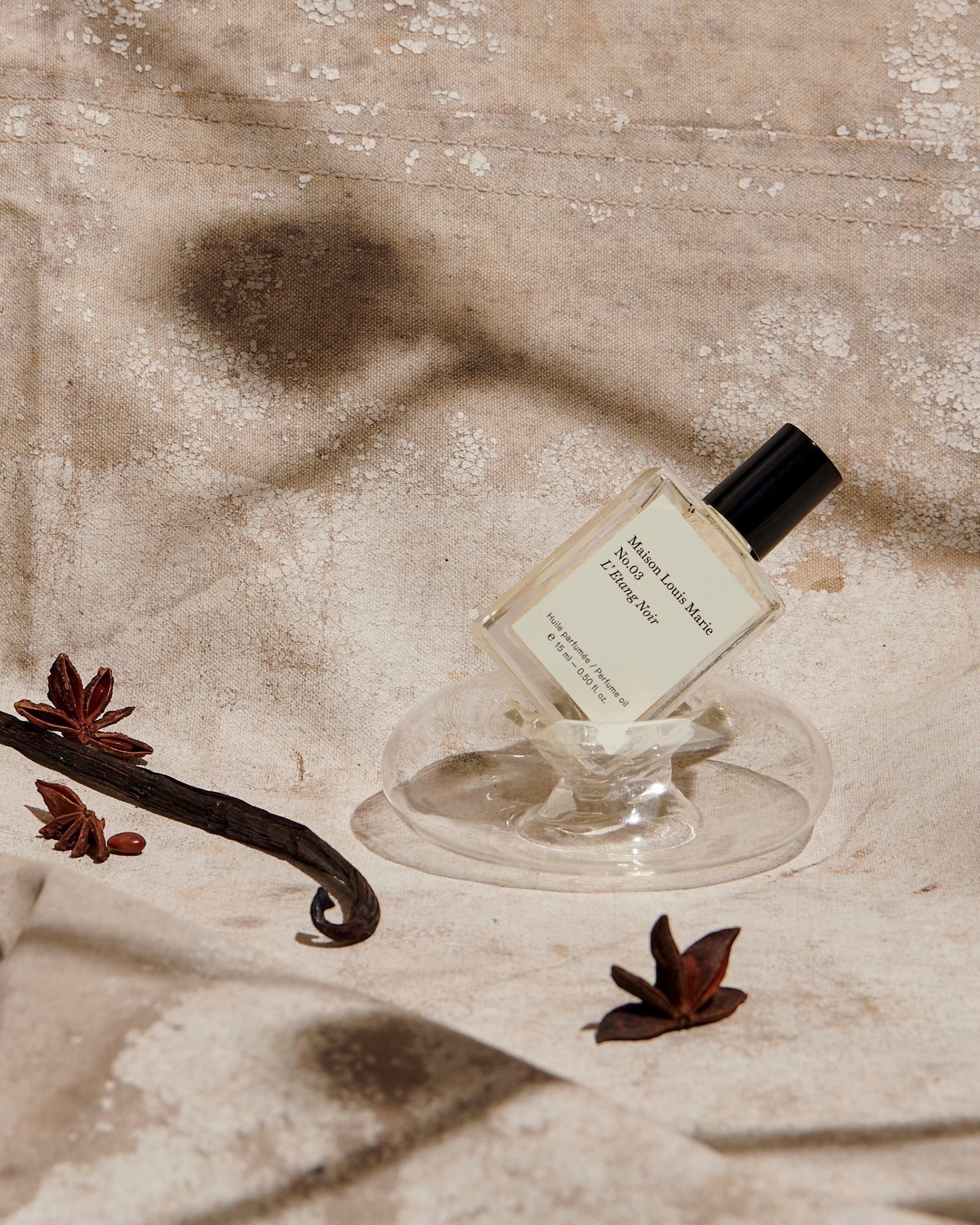 JONES + CO No.03 L'Etang Noir perfume oil in a clear glass bottle with a black cap, accented by vanilla beans and star anise.
