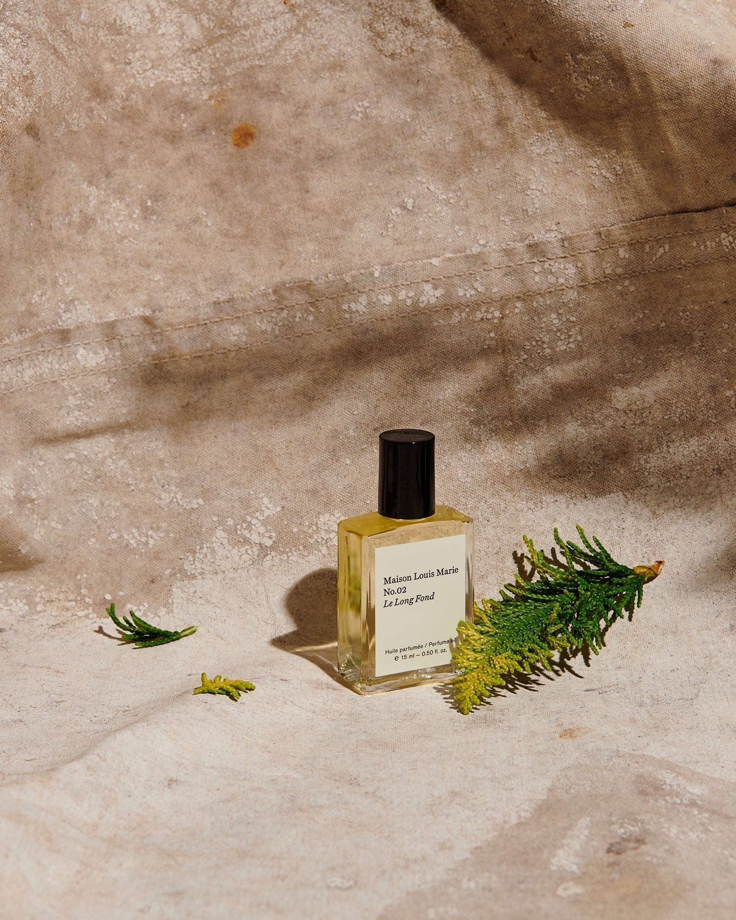 JONES + CO No.02 Le Long Fond perfume oil in a clear glass bottle with a black cap, surrounded by greenery.