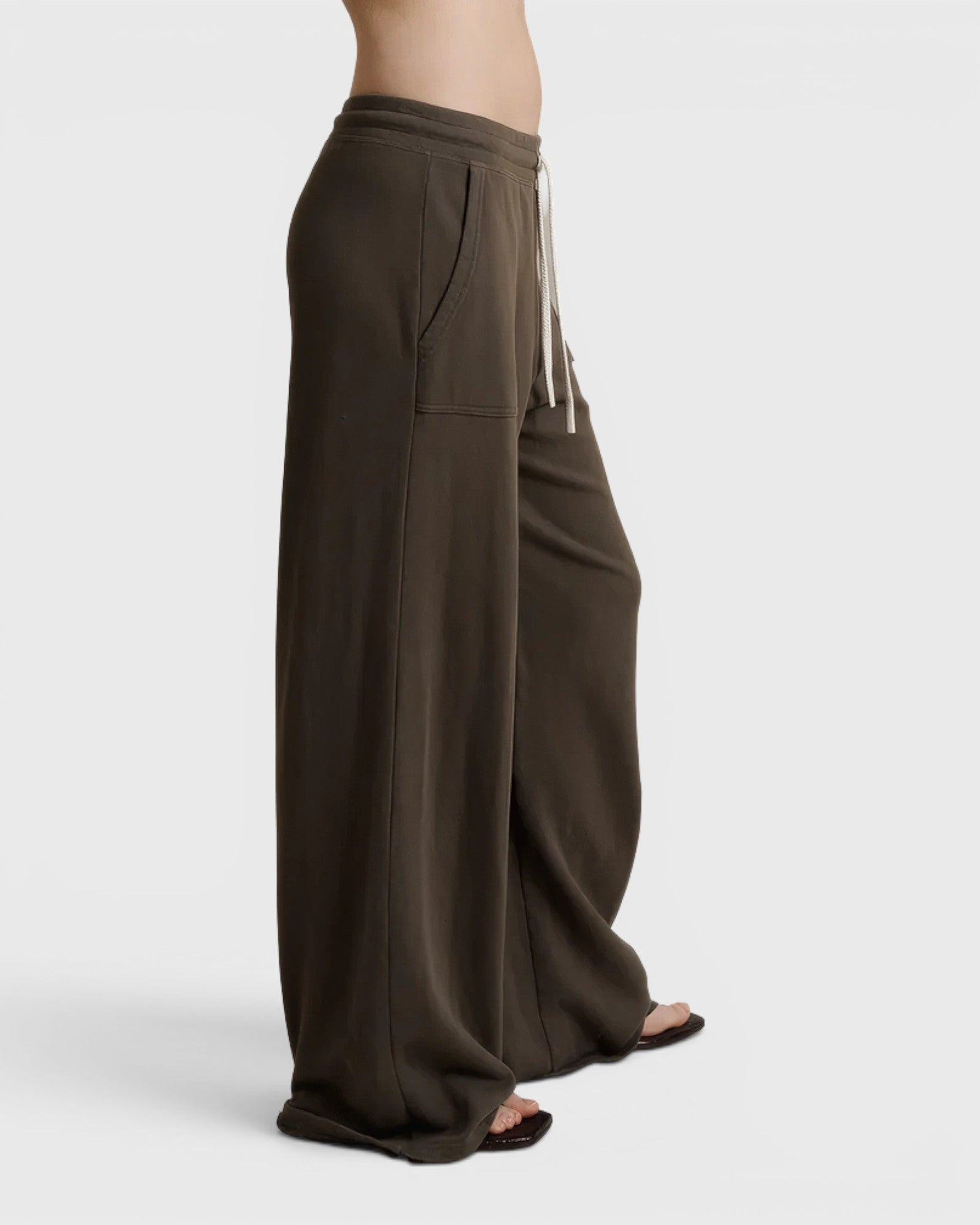 JONES + CO Noa dark olive straight-leg French terry pants with a rope drawstring waist and side pockets, side view