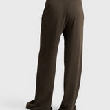 JONES + CO Noa straight-leg french terry pants in dark olive with a drawstring waist, back view.