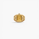JONES + CO Nocturne Time Ring in 18K gold-plated stainless steel with a rectangular amber crystal face.