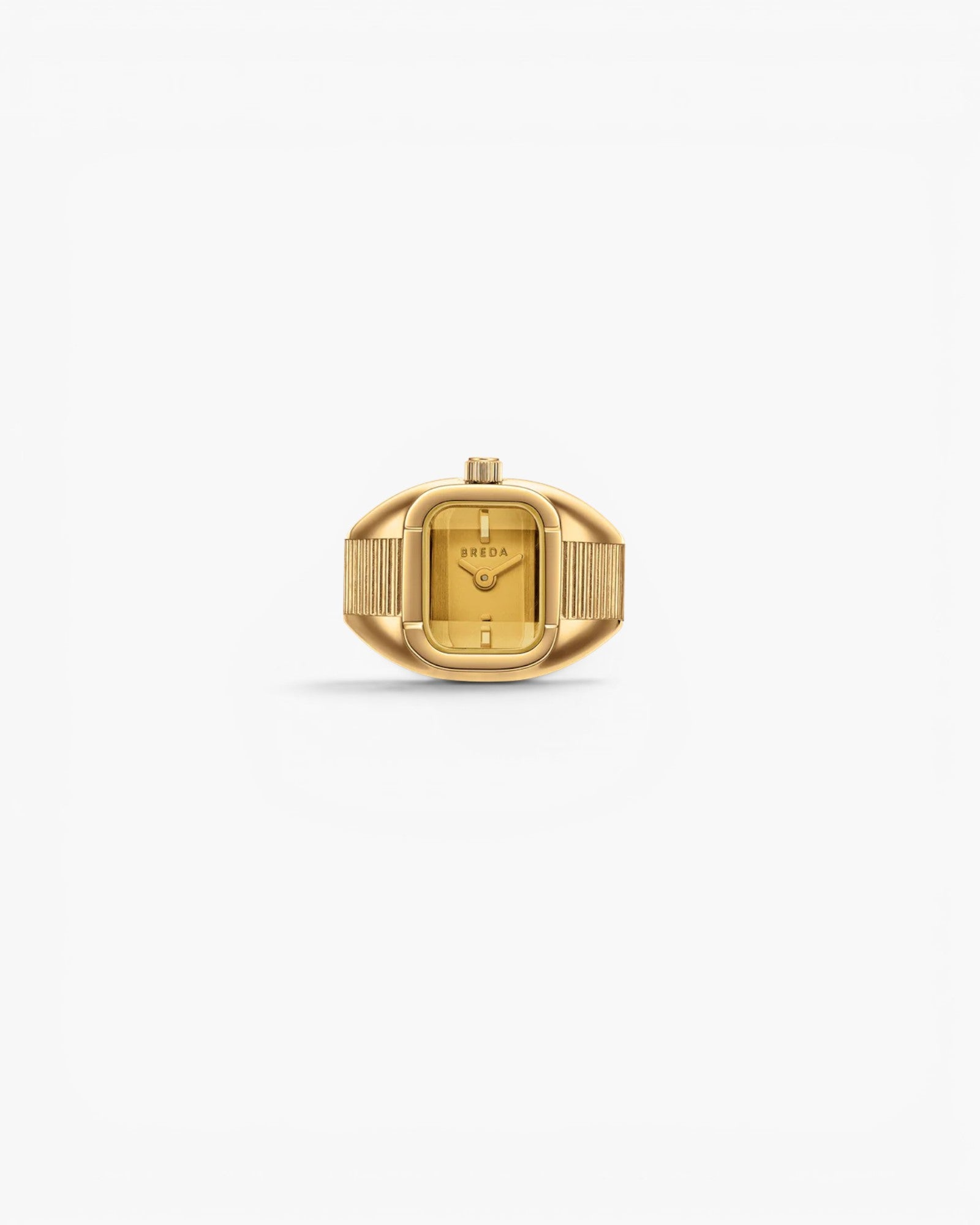 JONES + CO Nocturne Time Ring in 18K gold-plated stainless steel with a rectangular amber crystal face.