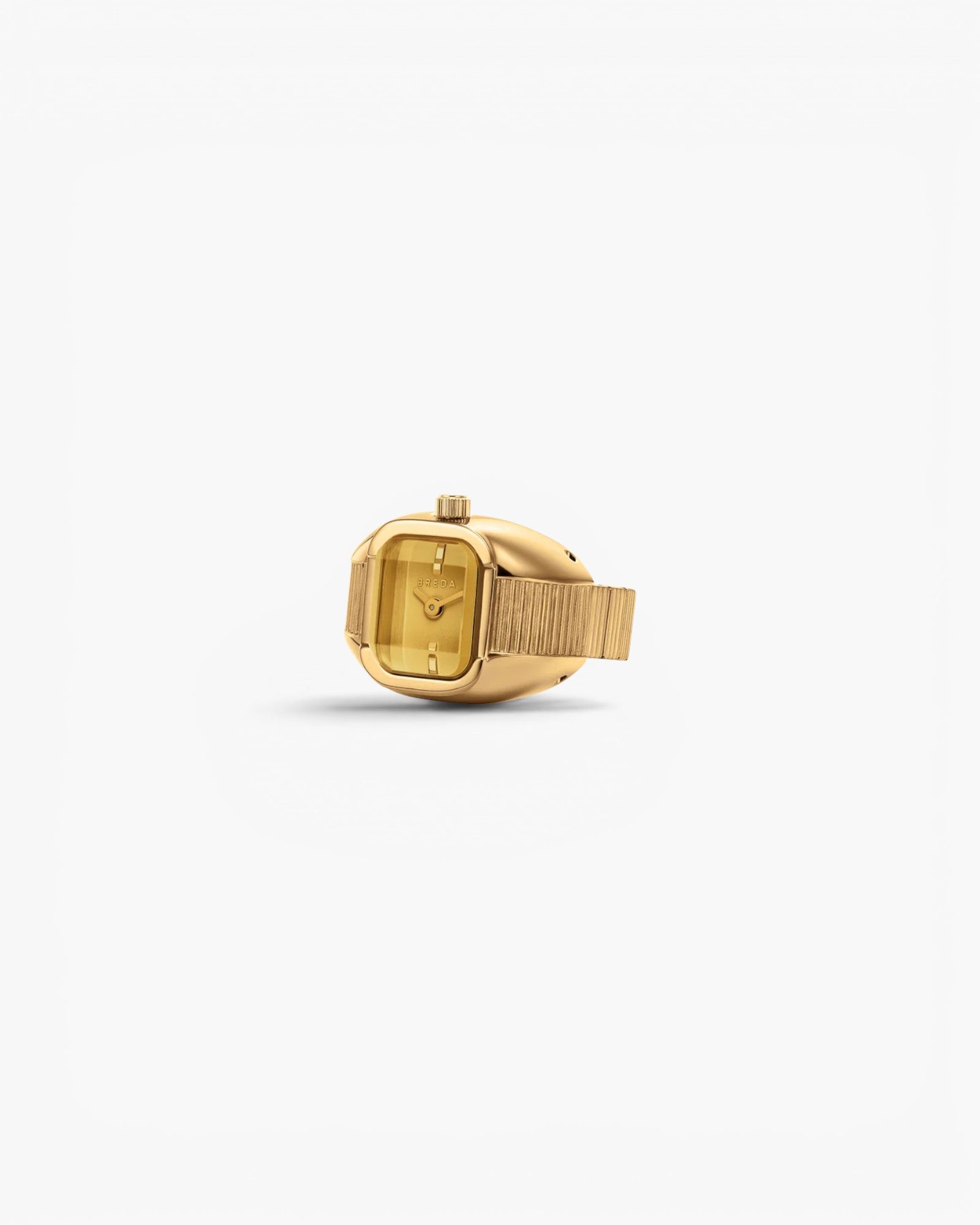 JONES + CO Nocturne Time Ring in 18K gold-plated stainless steel with a rectangular amber crystal face.