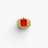 JONES + CO Nocturne Time Ring in 18K deep gold-plated stainless steel with a flame-colored rectangular crystal face.
