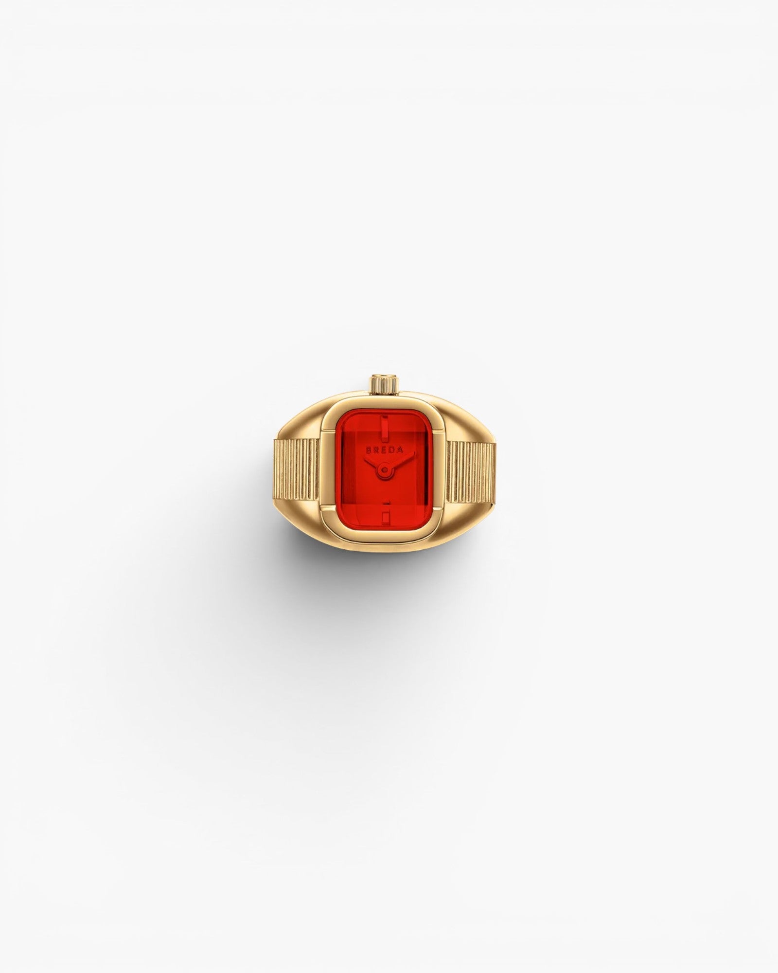 JONES + CO Nocturne Time Ring in 18K deep gold-plated stainless steel with a flame-colored rectangular crystal face.