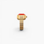 JONES + CO Nocturne Time Ring in 18K deep gold-plated stainless steel with a flame-colored rectangular crystal face.