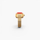 JONES + CO Nocturne Time Ring in 18K deep gold-plated stainless steel with a flame-colored rectangular crystal face.