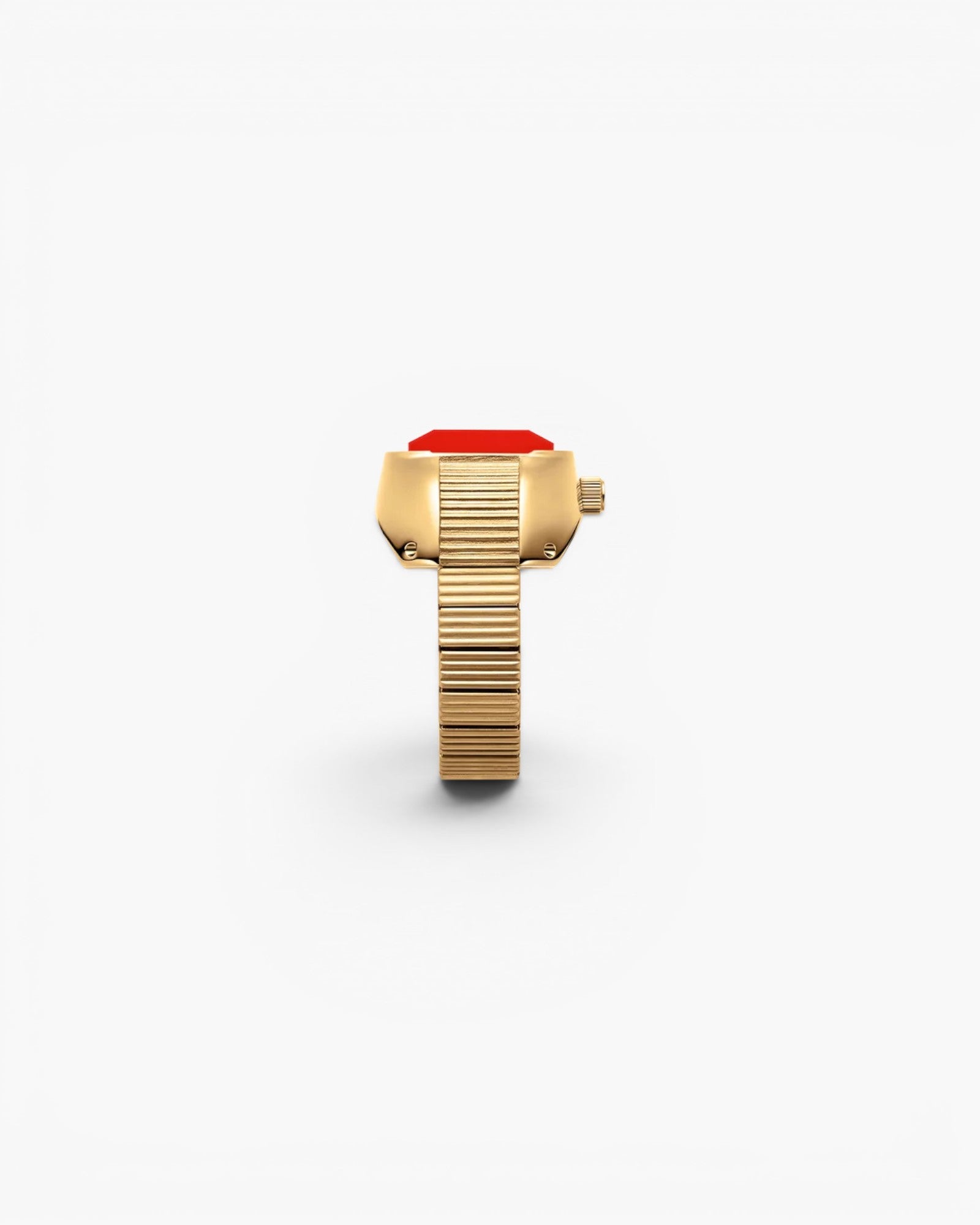 JONES + CO Nocturne Time Ring in 18K deep gold-plated stainless steel with a flame-colored rectangular crystal face.