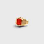JONES + CO Nocturne Time Ring in 18K deep gold-plated stainless steel with a flame-colored rectangular crystal face.