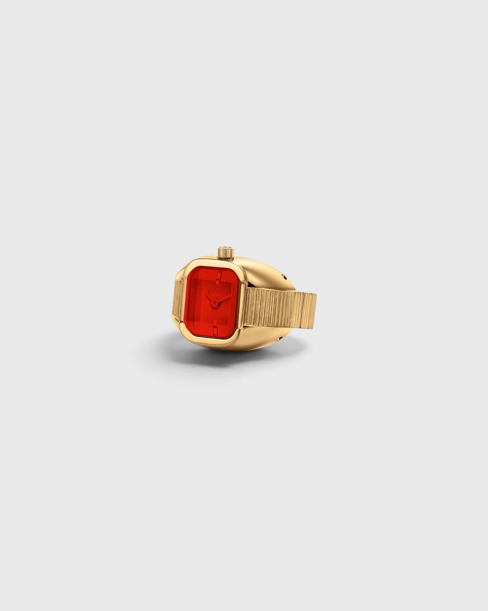 JONES + CO Nocturne Time Ring in 18K deep gold-plated stainless steel with a flame-colored rectangular crystal face.