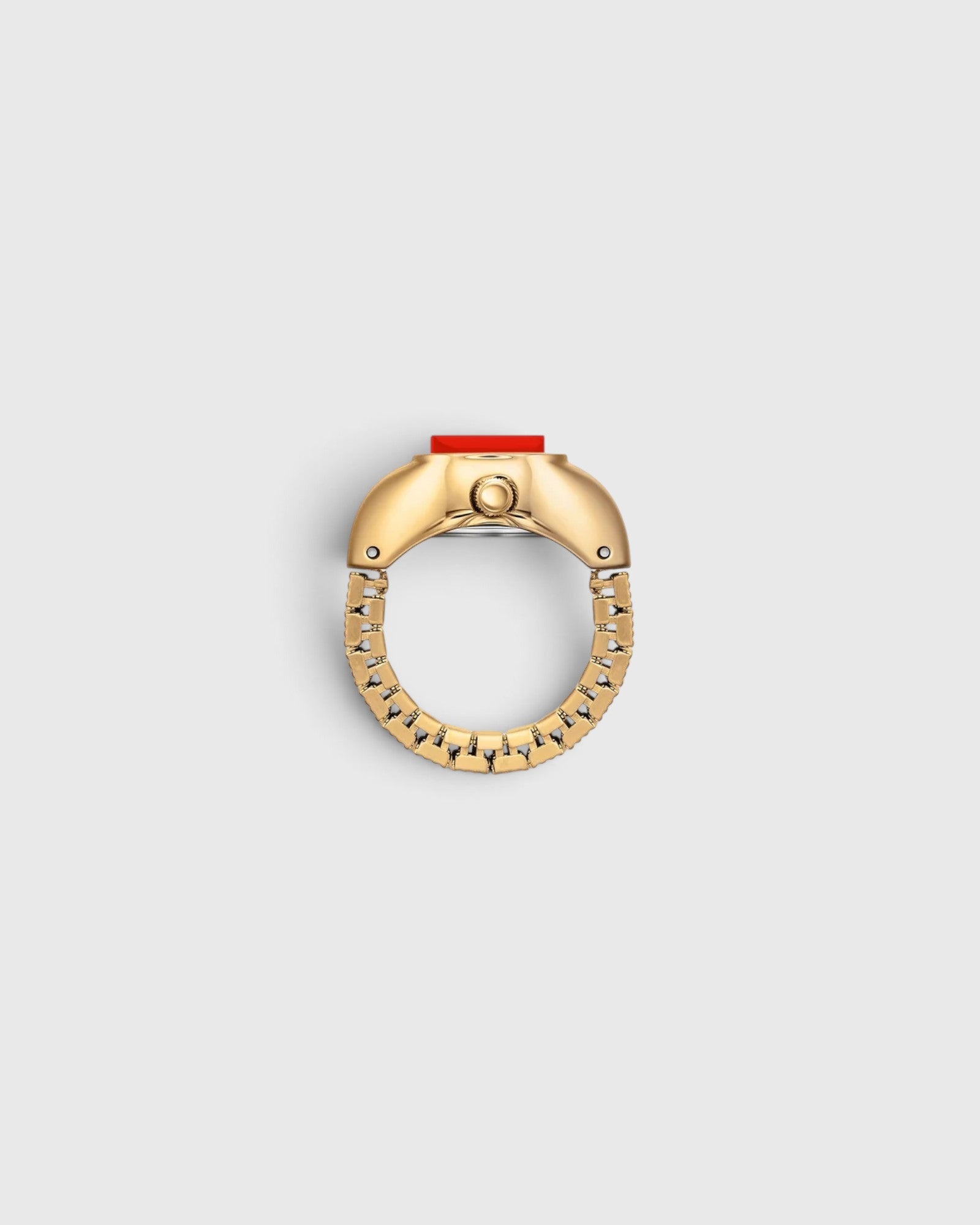 JONES + CO Nocturne Time Ring in 18K deep gold-plated stainless steel with a flame-colored crystal and expandable band