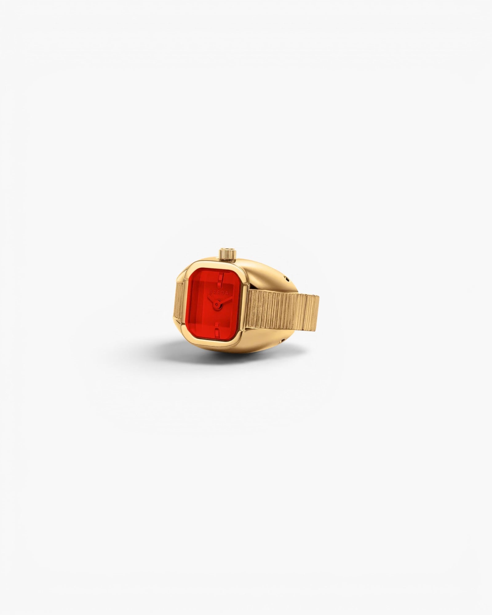 JONES + CO Nocturne Time Ring in 18K deep gold-plated stainless steel with a flame-colored rectangular crystal face.