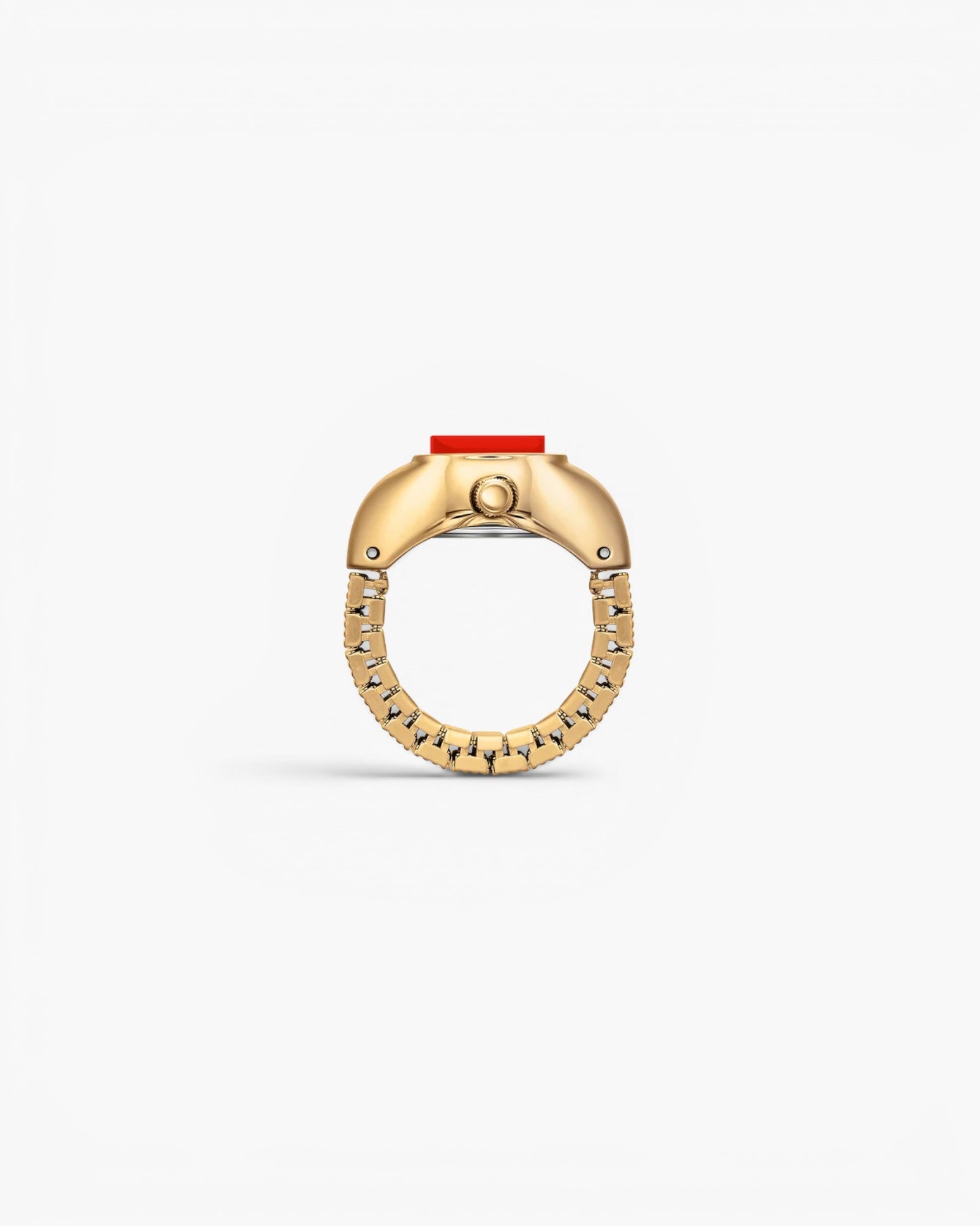 JONES + CO Nocturne Time Ring in 18K deep gold-plated stainless steel with a flame-colored crystal and expandable band.