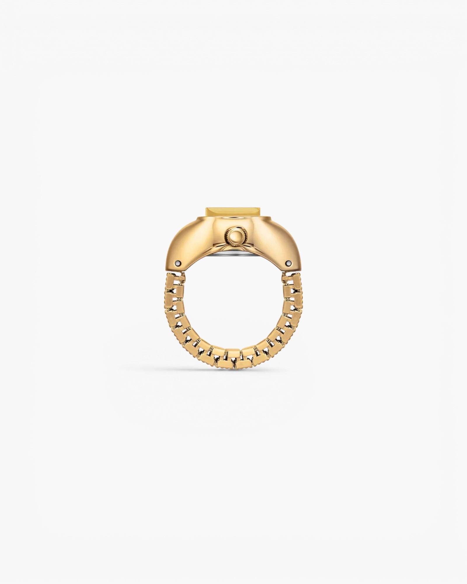 JONES + CO Nocturne Time Ring in 18K gold-plated stainless steel with an expandable band and rectangular case.