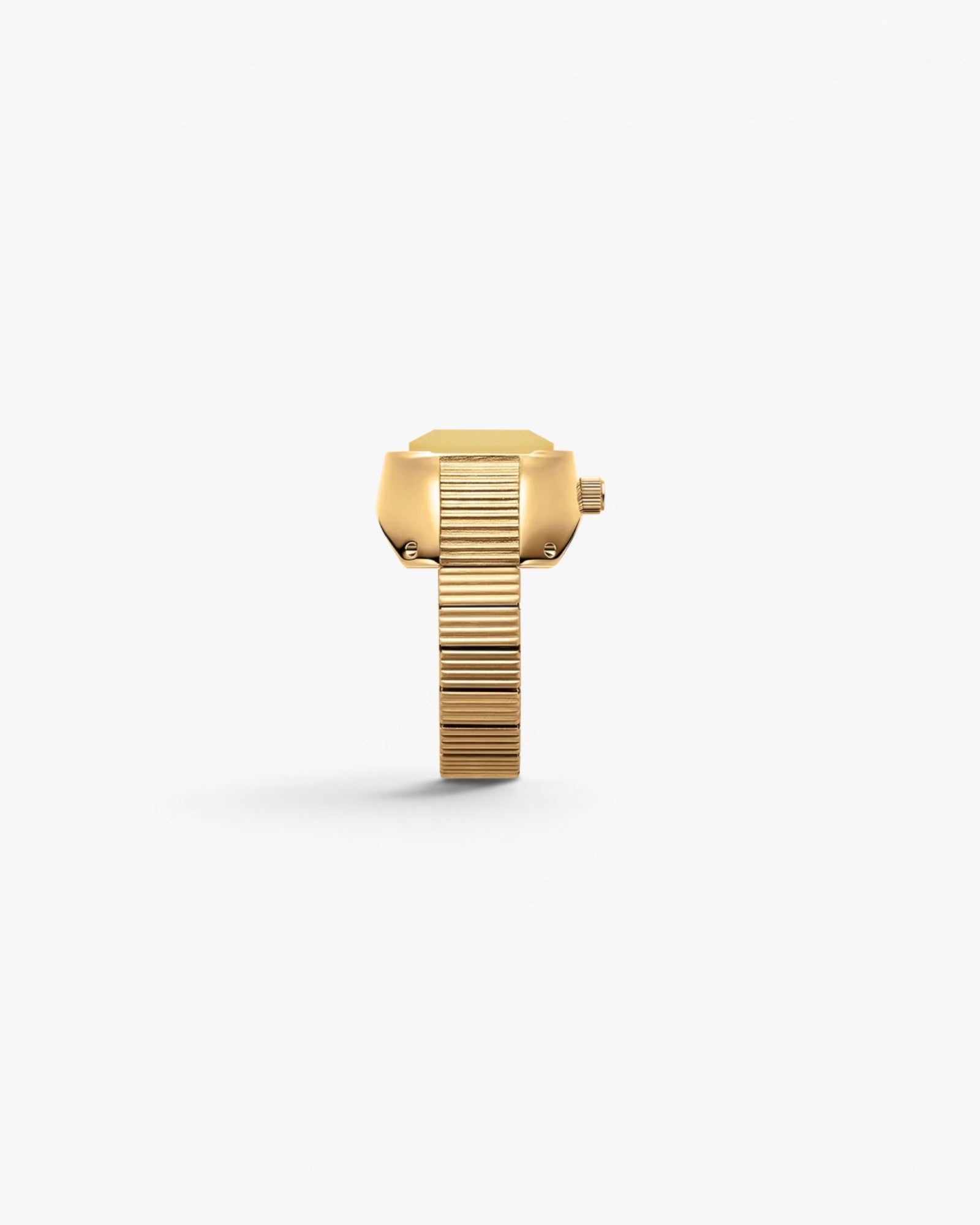 JONES + CO Nocturne Time Ring in 18K gold-plated stainless steel with a rectangular case and expandable band.