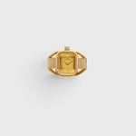 JONES + CO Nocturne Time Ring in 18K gold-plated stainless steel with a rectangular amber crystal face.