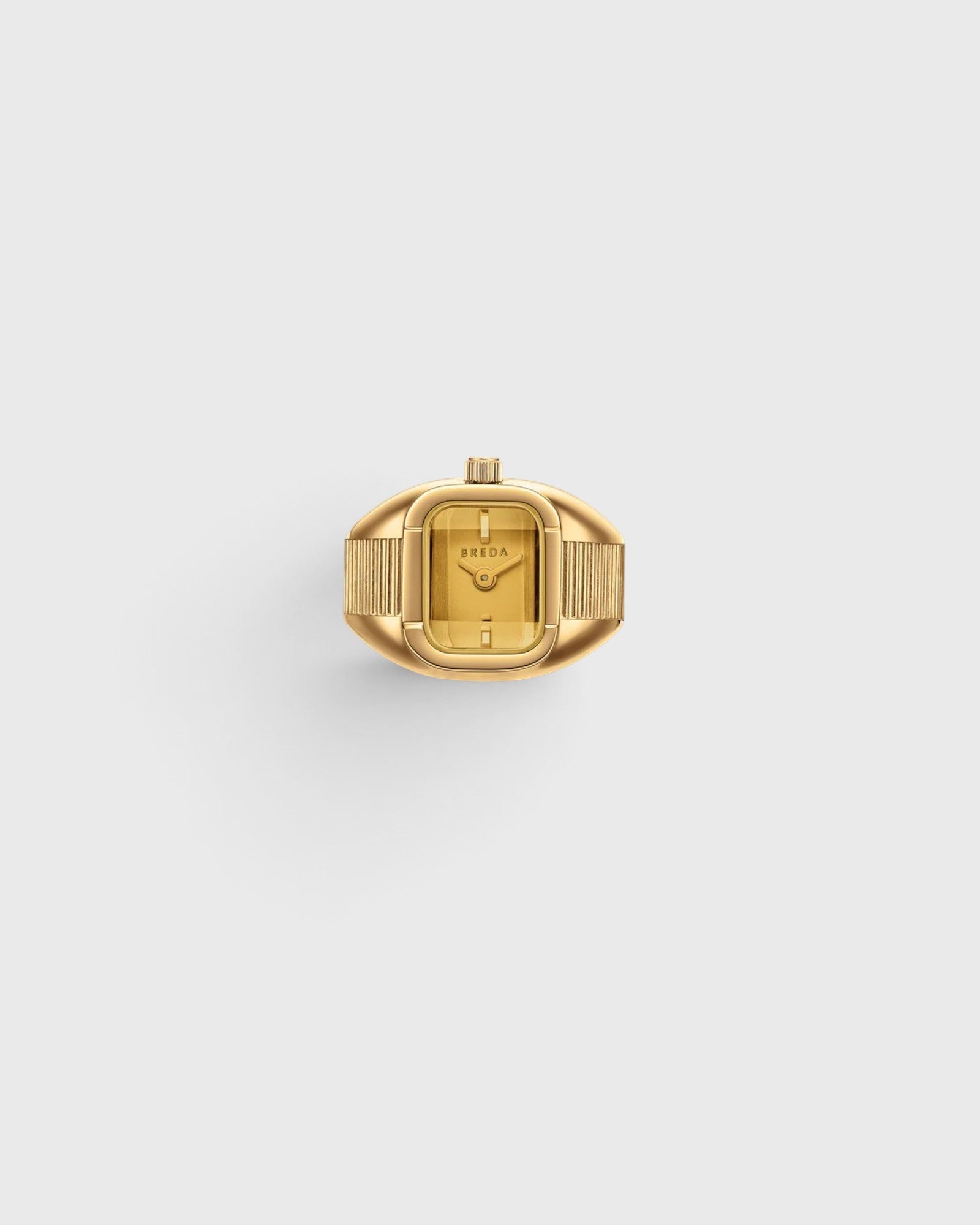 JONES + CO Nocturne Time Ring in 18K gold-plated stainless steel with a rectangular amber crystal face.