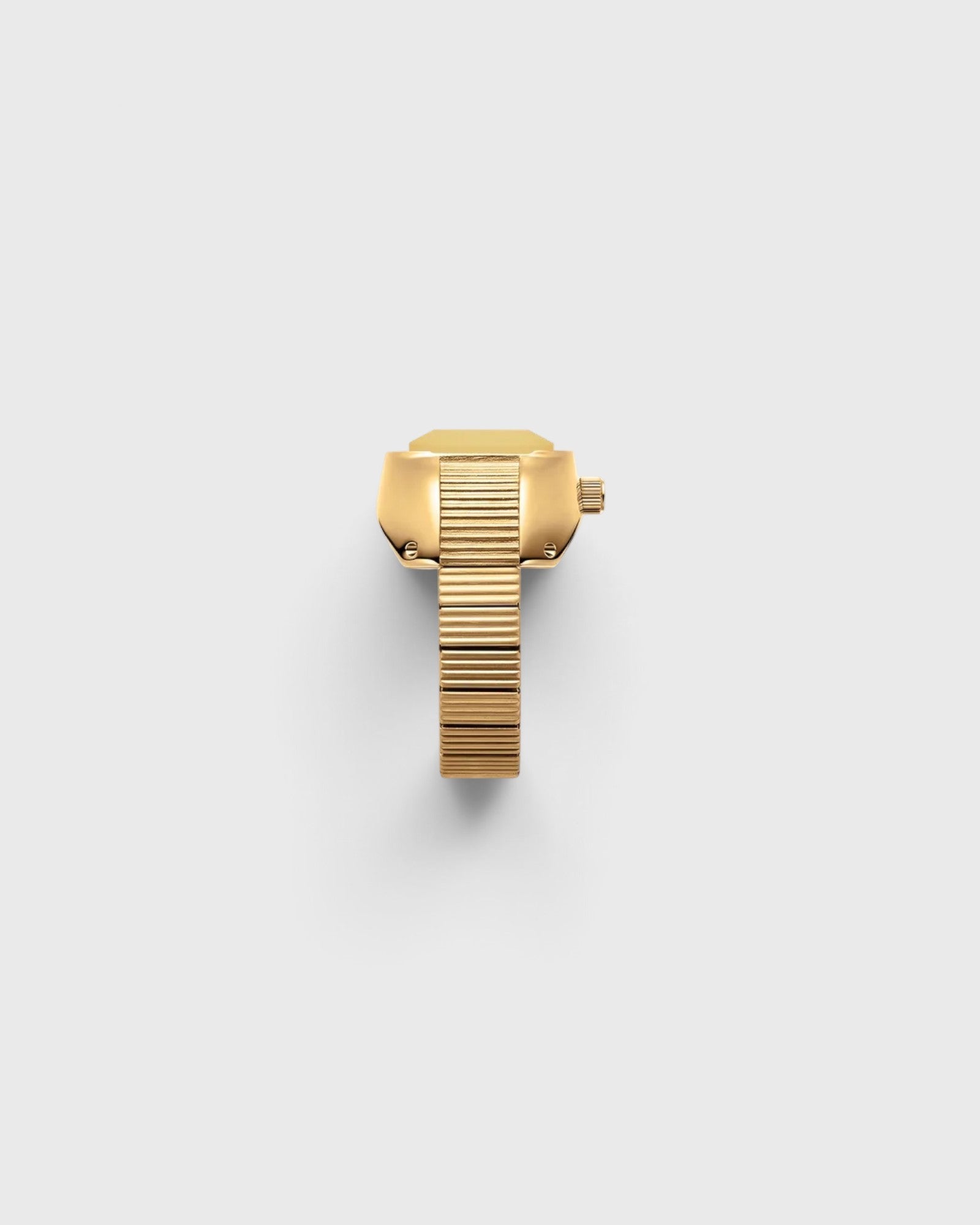 JONES + CO Nocturne Time Ring in 18K gold-plated stainless steel with an amber crystal and expandable ridged band.
