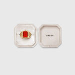 JONES + CO Nocturne Time Ring in 18K deep gold-plated stainless steel with a flame-colored crystal in a velvet box.