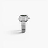 JONES + CO Nocturne Time Ring watch featuring a silver stainless steel expandable band and smoke crystal face.