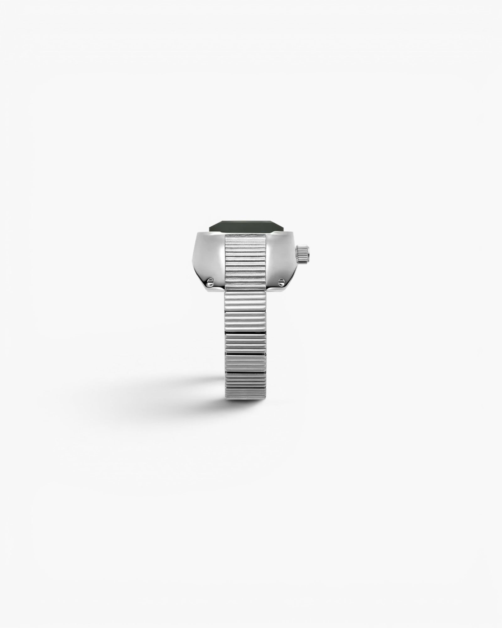 JONES + CO Nocturne Time Ring watch featuring a silver stainless steel expandable band and smoke crystal face.