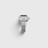 JONES + CO Nocturne Time Ring watch in silver stainless steel with a smoke-colored crystal and expandable band.