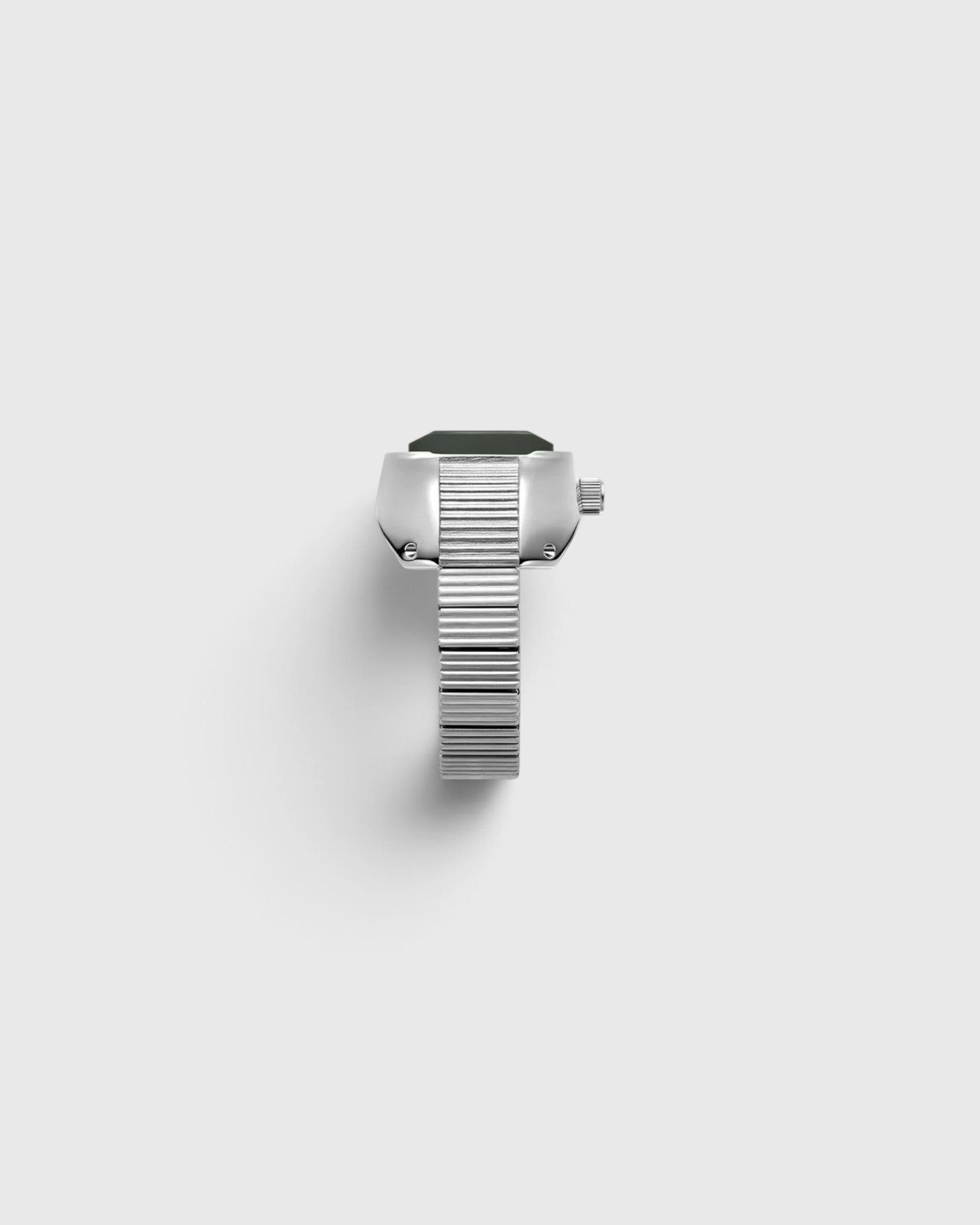 JONES + CO Nocturne Time Ring watch in silver stainless steel with a smoke-colored crystal and expandable band.