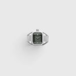 JONES + CO Nocturne Time Ring in silver stainless steel with a smoke-colored rectangular crystal and expandable band.