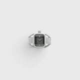 JONES + CO Nocturne Time Ring in silver stainless steel with a smoke-colored rectangular crystal and expandable band.