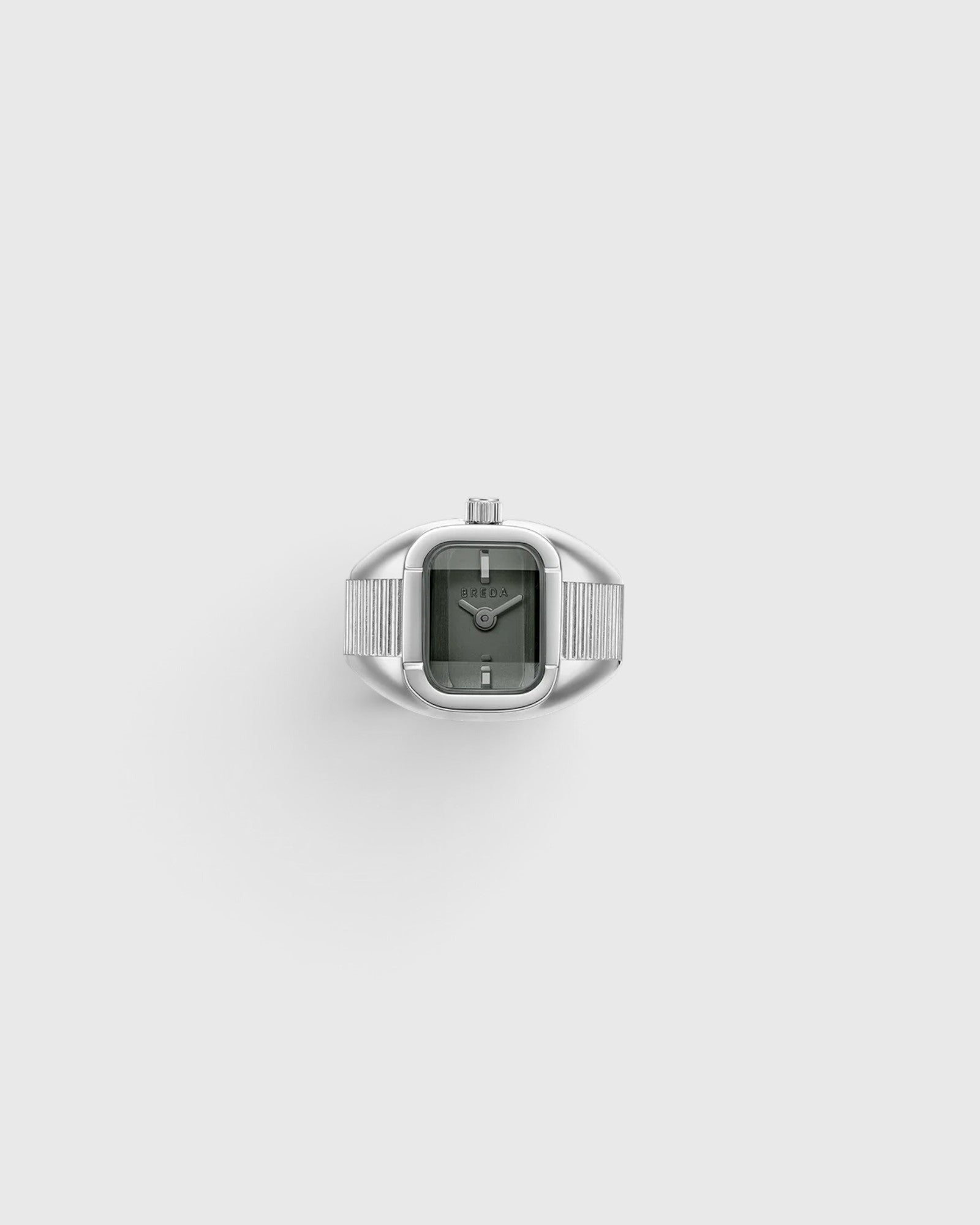 JONES + CO Nocturne Time Ring in silver stainless steel with a smoke-colored rectangular crystal and expandable band.