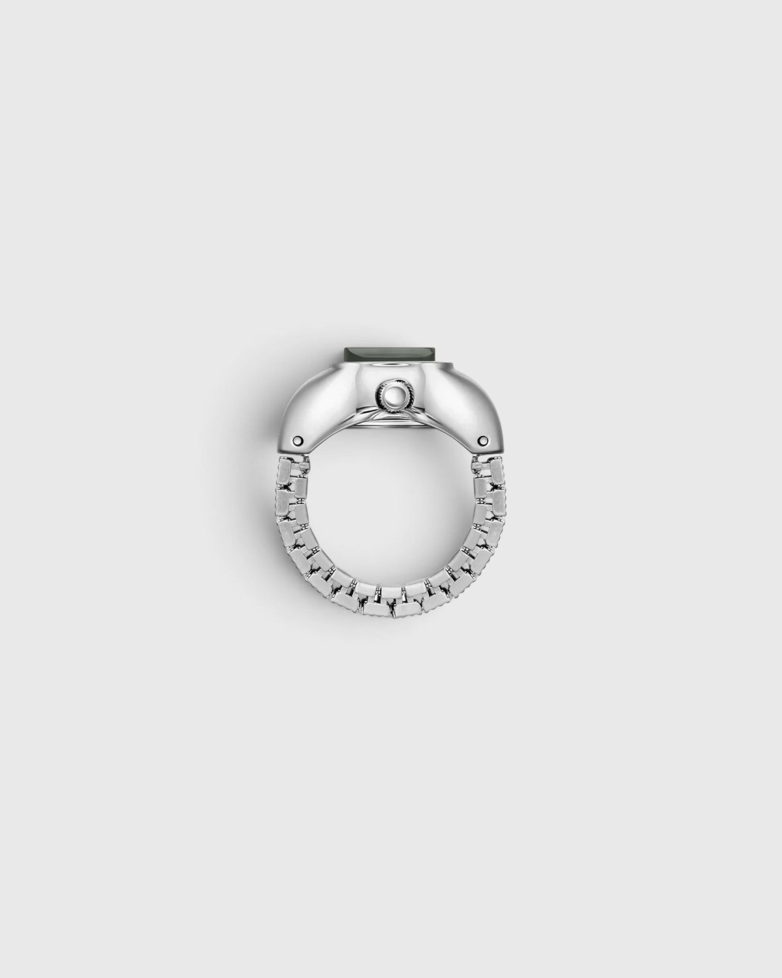 JONES + CO Nocturne Time Ring in silver stainless steel with a smoke-colored crystal and expandable band.