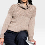 JONES + CO nutmeg turtleneck long sleeve sweater in baby alpaca and organic cotton with chunky rib details and ribbed cuffs.